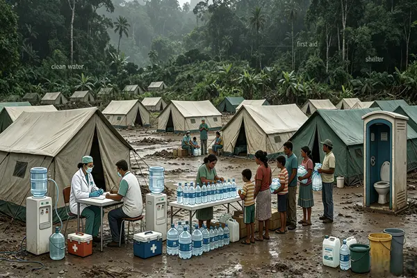 Temporary resettlement, drinking water and medical care